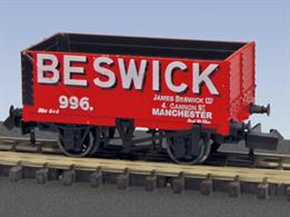 Model of James Beswick Ltd. of Manchester 7 plank open coal wagon number 996 finished in red livery.This model uses Peco's new super-fine detailing 7 plank open wagon body featuring a finer wall thickness, metal-tyred wheels, fine brake rigging in line with the wheels and some great livery detail.