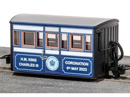 A special edition of the Peco OO9 Festiniog Railway 'Bug Box' coach finished in a special commemorative livery top mark the coronation of HM King Charles III this coming May.These coaches are typical of early Victorian era design with the body set low over a 4-wheel chassis to ensure stability. A number have been restored to service on the Festiniog Railway, making this coach an ideal commemorative item which will sit well in a train hauled by a Peco/Kato 'small England' engine.