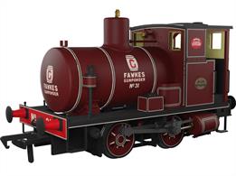 Highly detailed model of an Andrew Barclay fireless 0-4-0 steam locomotive finished in lined maroon livery lettered for G Fawkes Gunpowder as locomotive No.31Powered by a high quality motor and drive mechanism designed to give good low-speed performance for shunting duties the fireless locomotive is an ideal industrial shunting locomotive for factories, paper mills, gas works and petro-chemcical industries, especially those producing highly flammable or explosive products.Although entirely fictional it is possibly quite appropriate for a locomotive design built to government orders in WW1!