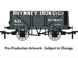 A new and highly detailed model of the RCH 1907 design open wagon. One of the most common designs used by private wagon owners these wagons frequently carried brightly coloured and floridly lettered liveries applied before WW1. Many thousands of wagons were built to this specification, the vast majority still running into WW2 and passing to British Railways at nationalisation. Each of the Rapido Trains models features prototype specific variations including end doors or no end door, buffer shank design, wheels, brake fittings and V hanger style.Model of a RCH 1907 type wagon with die and end doors finished in the grey livery of the Rhymney Iron company wagon number 421. These wagons may have been used to carry coal and iron ore to the furnaces and to deliver the iron produced to the steel and rolling mills of South Wales.
