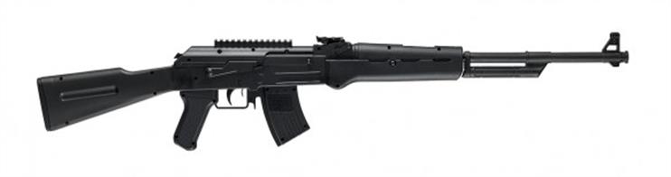 This break barrel air rifle has been styled to look like the iconic AK47. The rifle comes with a black plastic stock and grips and a 20 mm sight rail. The rifle also has 2 sling points attached.