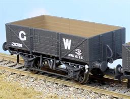 Introduced in 1911 as the GWRs new standard general merchandise open wagon now had 5 plank high sides and was equipped with a folding sheet rail for weather protection. Allocated diagram reference O11 10815 were built between 1911 and 1919, along with a further 2,105 wagons with vacuum train brakes (diagram O15) built by 1922.This model replicates vacuum train brake fitted diagram O15 wagon number 20306 in GWR goods grey livery with post-grouping 16in height lettering.