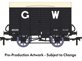 In 1912 the GWR standardised the twin-bonnet pattern end for their ventilated box vans which continued until after nationalisation. The first vans with the revised end were given diagrams V14 for vans with vacuum train brakes for express goods trains and V16 for the unfitted version. 5,506 'fitted vans were built along with 2,759 unfitted before the underframe was changed to a 10-feet wheelbase in the mid-1920s. The majority of these vans remained in service at nationalisation, though their older 9-feet wheelbase chassis demoted them from express goods service.This model replicates vacuum train brake fitted diagram V14 van 89351 in GWR goods grey livery with the pre-grouping period 25in height lettering.
