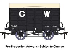 In 1912 the GWR standardised the twin-bonnet pattern end for their ventilated box vans which continued until after nationalisation. The first vans with the revised end were given diagrams V14 for vans with vacuum train brakes for express goods trains and V16 for the unfitted version. 5,506 'fitted vans were built along with 2,759 unfitted before the underframe was changed to a 10-feet wheelbase in the mid-1920s. The majority of these vans remained in service at nationalisation, though their older 9-feet wheelbase chassis demoted them from express goods service.This model replicates vacuum train brake fitted diagram V14 van 89645 in GWR goods grey livery with the pre-grouping period 25in height lettering.