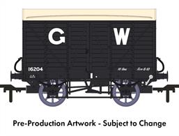 In 1912 the GWR standardised the twin-bonnet pattern end for their ventilated box vans which continued until after nationalisation. The first vans with the revised end were given diagrams V14 for vans with vacuum train brakes for express goods trains and V16 for the unfitted version. 5,506 'fitted vans were built along with 2,759 unfitted before the underframe was changed to a 10-feet wheelbase in the mid-1920s. The majority of these vans remained in service at nationalisation, though their older 9-feet wheelbase chassis demoted them from express goods service.This model replicates vacuum train brake fitted diagram V14 van 16204 in GWR goods grey livery with the pre-grouping period 25in height lettering.