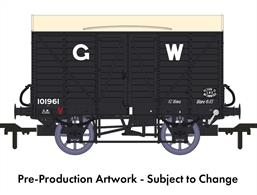 In 1912 the GWR standardised the twin-bonnet pattern end for their ventilated box vans which continued until after nationalisation. The first vans with the revised end were given diagrams V14 for vans with vacuum train brakes for express goods trains and V16 for the unfitted version. 5,506 'fitted vans were built along with 2,759 unfitted before the underframe was changed to a 10-feet wheelbase in the mid-1920s. The majority of these vans remained in service at nationalisation, though their older 9-feet wheelbase chassis demoted them from express goods service.This model replicates vacuum train brake fitted diagram V14 van 101961 in GWR goods grey livery with post-grouping 16in height lettering.
