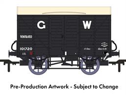 In 1912 the GWR standardised the twin-bonnet pattern end for their ventilated box vans which continued until after nationalisation. The first vans with the revised end were given diagrams V14 for vans with vacuum train brakes for express goods trains and V16 for the unfitted version. 5,506 'fitted vans were built along with 2,759 unfitted before the underframe was changed to a 10-feet wheelbase in the mid-1920s. The majority of these vans remained in service at nationalisation, though their older 9-feet wheelbase chassis demoted them from express goods service.This model replicates vacuum train brake fitted diagram V14 van 101720 in GWR goods grey livery with post-grouping 16in height lettering.