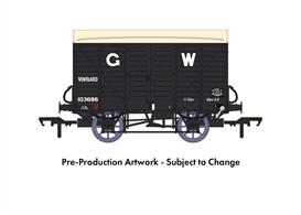 In 1912 the GWR standardised the twin-bonnet pattern end for their ventilated box vans which continued until after nationalisation. The first vans with the revised end were given diagrams V14 for vans with vacuum train brakes for express goods trains and V16 for the unfitted version. 5,506 'fitted vans were built along with 2,759 unfitted before the underframe was changed to a 10-feet wheelbase in the mid-1920s. The majority of these vans remained in service at nationalisation, though their older 9-feet wheelbase chassis demoted them from express goods service.This model replicates vacuum train brake fitted diagram V14 van 89351 in GWR goods grey livery with the pre-grouping period 25in height lettering.
