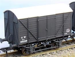 In 1912 the GWR standardised the twin-bonnet pattern end for their ventilated box vans which continued until after nationalisation. The first vans with the revised end were given diagrams V14 for vans with vacuum train brakes for express goods trains and V16 for the unfitted version. 5,506 'fitted vans were built along with 2,759 unfitted before the underframe was changed to a 10-feet wheelbase in the mid-1920s. The majority of these vans remained in service at nationalisation, though their older 9-feet wheelbase chassis demoted them from express goods service.This model replicates vacuum train brake fitted diagram V14 van 89268 in GWR goods grey livery with post-1936 small size lettering.