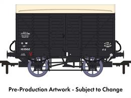 In 1912 the GWR standardised the twin-bonnet pattern end for their ventilated box vans which continued until after nationalisation. The first vans with the revised end were given diagrams V14 for vans with vacuum train brakes for express goods trains and V16 for the unfitted version. 5,506 'fitted vans were built along with 2,759 unfitted before the underframe was changed to a 10-feet wheelbase in the mid-1920s. The majority of these vans remained in service at nationalisation, though their older 9-feet wheelbase chassis demoted them from express goods service.This model replicates vacuum train brake fitted diagram V14 van 103502 in GWR goods grey livery with post-1936 small lettering. Marked for return to the J.S.Fry &amp; Sons chocolate factory siding at Keynsham &amp; Somerdale station near Bristol.