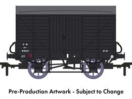 In 1912 the GWR standardised the twin-bonnet pattern end for their ventilated box vans which continued until after nationalisation. The first vans with the revised end were given diagrams V14 for vans with vacuum train brakes for express goods trains and V16 for the unfitted version. 5,506 'fitted vans were built along with 2,759 unfitted before the underframe was changed to a 10-feet wheelbase in the mid-1920s. The majority of these vans remained in service at nationalisation, though their older 9-feet wheelbase chassis demoted them from express goods service.This model replicates vacuum train brake fitted diagram V14 van 89517 in GWR goods grey livery with the post-1942 wartime economy smaller lettering.