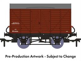 In 1912 the GWR standardised the twin-bonnet pattern end for their ventilated box vans which continued until after nationalisation. The first vans with the revised end were given diagrams V14 for vans with vacuum train brakes for express goods trains and V16 for the unfitted version. 5,506 'fitted vans were built along with 2,759 unfitted before the underframe was changed to a 10-feet wheelbase in the mid-1920s. The majority of these vans remained in service at nationalisation, though their older 9-feet wheelbase chassis demoted them from express goods service.This model replicates vacuum train brake fitted diagram V14 van W101826 in British Railways bauxite livery lettered for return to Morris Cowley.