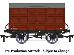 In 1912 the GWR standardised the twin-bonnet pattern end for their ventilated box vans which continued until after nationalisation. The first vans with the revised end were given diagrams V14 for vans with vacuum train brakes for express goods trains and V16 for the unfitted version. 5,506 'fitted vans were built along with 2,759 unfitted before the underframe was changed to a 10-feet wheelbase in the mid-1920s. The majority of these vans remained in service at nationalisation, though their older 9-feet wheelbase chassis demoted them from express goods service.This model replicates vacuum train brake fitted diagram V14 van W103737 in British Railways bauxite livery.