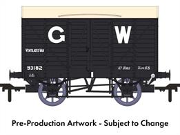 In 1912 the GWR standardised the twin-bonnet pattern end for their ventilated box vans which continued until after nationalisation. The first vans with the revised end were given diagrams V14 for vans with vacuum train brakes for express goods trains and V16 for the unfitted version. 5,506 'fitted vans were built along with 2,759 unfitted before the underframe was changed to a 10-feet wheelbase in the mid-1920s. The majority of these vans remained in service at nationalisation, though their older 9-feet wheelbase chassis demoted them from express goods service.This model replicates unfitted diagram V16 van 93182 in GWR goods grey livery with pre-grouping period 25in height lettering.