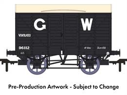 In 1912 the GWR standardised the twin-bonnet pattern end for their ventilated box vans which continued until after nationalisation. The first vans with the revised end were given diagrams V14 for vans with vacuum train brakes for express goods trains and V16 for the unfitted version. 5,506 'fitted vans were built along with 2,759 unfitted before the underframe was changed to a 10-feet wheelbase in the mid-1920s. The majority of these vans remained in service at nationalisation, though their older 9-feet wheelbase chassis demoted them from express goods service.This model replicates unfitted diagram V16 van 96112 in GWR goods grey livery with pre-grouping period 25in height lettering.