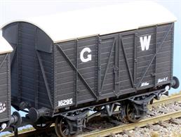 In 1912 the GWR standardised the twin-bonnet pattern end for their ventilated box vans which continued until after nationalisation. The first vans with the revised end were given diagrams V14 for vans with vacuum train brakes for express goods trains and V16 for the unfitted version. 5,506 'fitted vans were built along with 2,759 unfitted before the underframe was changed to a 10-feet wheelbase in the mid-1920s. The majority of these vans remained in service at nationalisation, though their older 9-feet wheelbase chassis demoted them from express goods service.This model replicates unfitted diagram V16 van 16295 in GWR goods grey livery with post-grouping 16in height lettering.