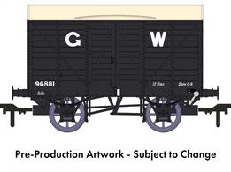 In 1912 the GWR standardised the twin-bonnet pattern end for their ventilated box vans which continued until after nationalisation. The first vans with the revised end were given diagrams V14 for vans with vacuum train brakes for express goods trains and V16 for the unfitted version. 5,506 'fitted vans were built along with 2,759 unfitted before the underframe was changed to a 10-feet wheelbase in the mid-1920s. The majority of these vans remained in service at nationalisation, though their older 9-feet wheelbase chassis demoted them from express goods service.This model replicates unfitted diagram V16 van 96881 in GWR goods grey livery with post-grouping 16in height lettering.