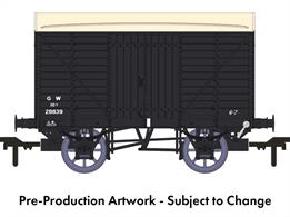 In 1912 the GWR standardised the twin-bonnet pattern end for their ventilated box vans which continued until after nationalisation. The first vans with the revised end were given diagrams V14 for vans with vacuum train brakes for express goods trains and V16 for the unfitted version. 5,506 'fitted vans were built along with 2,759 unfitted before the underframe was changed to a 10-feet wheelbase in the mid-1920s. The majority of these vans remained in service at nationalisation, though their older 9-feet wheelbase chassis demoted them from express goods service.This model replicates unfitted diagram V16 van 28839 in GWR goods grey livery with the post-1936 small sized lettering.