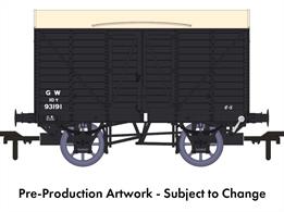 In 1912 the GWR standardised the twin-bonnet pattern end for their ventilated box vans which continued until after nationalisation. The first vans with the revised end were given diagrams V14 for vans with vacuum train brakes for express goods trains and V16 for the unfitted version. 5,506 'fitted vans were built along with 2,759 unfitted before the underframe was changed to a 10-feet wheelbase in the mid-1920s. The majority of these vans remained in service at nationalisation, though their older 9-feet wheelbase chassis demoted them from express goods service.This model replicates unfitted diagram V16 van 93191 in GWR goods grey livery with post-1936 small size lettering.