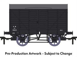 In 1912 the GWR standardised the twin-bonnet pattern end for their ventilated box vans which continued until after nationalisation. The first vans with the revised end were given diagrams V14 for vans with vacuum train brakes for express goods trains and V16 for the unfitted version. 5,506 'fitted vans were built along with 2,759 unfitted before the underframe was changed to a 10-feet wheelbase in the mid-1920s. The majority of these vans remained in service at nationalisation, though their older 9-feet wheelbase chassis demoted them from express goods service.This model replicates unfitted diagram V16 van 95915 in GWR goods grey livery with the 1942 wartime economy even smaller lettering.