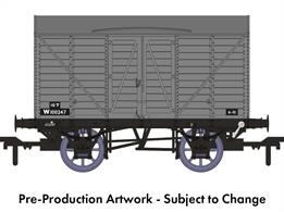 In 1912 the GWR standardised the twin-bonnet pattern end for their ventilated box vans which continued until after nationalisation. The first vans with the revised end were given diagrams V14 for vans with vacuum train brakes for express goods trains and V16 for the unfitted version. 5,506 'fitted vans were built along with 2,759 unfitted before the underframe was changed to a 10-feet wheelbase in the mid-1920s. The majority of these vans remained in service at nationalisation, though their older 9-feet wheelbase chassis demoted them from express goods service.This model replicates unfitted diagram V16 van W100247 in British Railways goods grey livery.