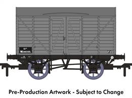 In 1912 the GWR standardised the twin-bonnet pattern end for their ventilated box vans which continued until after nationalisation. The first vans with the revised end were given diagrams V14 for vans with vacuum train brakes for express goods trains and V16 for the unfitted version. 5,506 'fitted vans were built along with 2,759 unfitted before the underframe was changed to a 10-feet wheelbase in the mid-1920s. The majority of these vans remained in service at nationalisation, though their older 9-feet wheelbase chassis demoted them from express goods service.This model replicates unfitted diagram V16 van W100355 in British Railways goods grey livery.