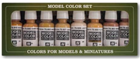 Set of 8 Model Color references for painting models, figures and dioramas. Contains 17 ml/0.57 fl oz (with eyedropper) bottles and a color chart.