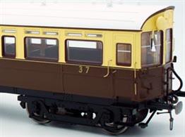 A highly detailed model of the GWR diagram N driving trailer or auto coaches built in 1907 to diagram N numbered 37 to 41. These wood bodied coaches featured the panelled construction of the period which Dapol are faithfully reproducing, along with fully detailed interior including driving cab with controls and saloons with their mix of side bench and cross seating bays. The underframe carries retractable steps, brake fittings and gas reservoirs for the lighting, complemented by detailed reproductions of the GWR 'American' bogies with their prominent drop-equaliser beams.This model is finished in the GWR chocolate and cream livery with shirtbutton monogram. 1934-1942.