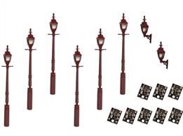 Value Pack of super-high quality LED 4mm scale swan-neck lamps in maroon 2x wall lamps, 6x street/platform lamps.Pack Contents 6x 4mm scale street/platform lamps with 200mm connection wires 2x 4mm scale wall lamps with 200mm connection wires 8x Resistor boards – suitable for connection to regulated DC power 6-12V
