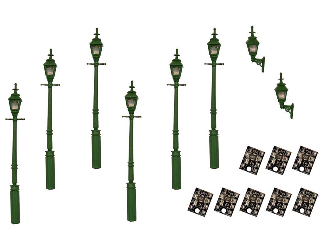 DCC Concepts OO LML-VPGGR Gas Lamps LED Lit Green 2 Wall 6 Street/Platform Lamps