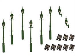 Value Pack of super-high quality LED 4mm scale swan-neck lamps in green 2x wall lamps, 6x street/platform lamps.Pack Contents 6x 4mm scale street/platform lamps with 200mm connection wires 2x 4mm scale wall lamps with 200mm connection wires 8x Resistor boards – suitable for connection to regulated DC power 6-12V