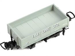 Model of an ex-MoD RNAD 2 plank open wagon finished in ICI grey livery.