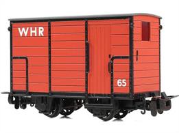 Model of a brake van, built to provide a riding van with an internal hand brake for the train brakeman while the train was moving around the depot. Finished in Welsh Highland Railway red livery.