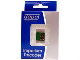 The Dapol Imperium decoder is a small size 21 pin 6 function decoder with 1amp rating, 2amp peak and 100mA function output.Decoder measures 15mm across the connector, 17mm length. 10 years warranty against failure in normal use.