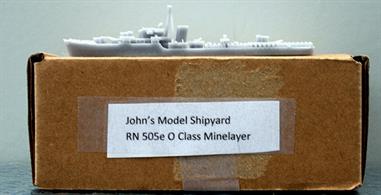 This O-class Destroyer kit is in 3D-printed resin by John's Model Shipyard, RN505E. plastic or metal rod for topmasts, cyano-acrylate glue and paint are required to complete a sharp 1/1200 model of a minelaying version of this WW2 standard Royal Navy Destroyer.