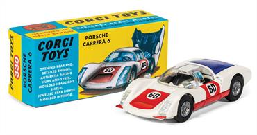 Originally issued in 1967 by Corgi Toys, the 330 Porsche Carrera 6 was only ever released in white with a choice of either red or blue trim colour options. This new issue of the model has opted for the red accented livery. The model features an opening engine cover and detailed interior, and a recreation Corgi Toys pack that has been newly amended to feature the colour of the model inside, after the original packaging release always featured the car in an unproduced green livery.