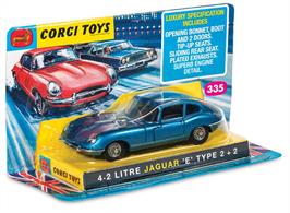 Released in 1968 by Corgi Toys, the 335 Jaguar 4.2 E-Type is a brilliant replication of the iconic British Sports Car in feature packed toy form, featuring opening doors, bonnet and boot with tipping front seats and sliding rear seat in the interior. The model is presented in a striking metallic blue paint job, in a replica of the original display packaging that allows the model to be safely removed without damaging the pack itself.