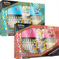 One box from SelectionChoices are: Shiny Zacian or Shiny Zamazenta.One set of 2 only allowed per personBox contains:11 * Crown Zenith boosters1 * Etched foil promo (either Zacian V or ZamazentaV)1 * Figure (either Zacian or Zamazenta)1 * Pin badge (either Zacian or Zamazenta)65 * Deck protectors featuring Zacian and ZamazentaYou will be sent one at random unless otherwise specified, subject to availability.Contact Via Email
