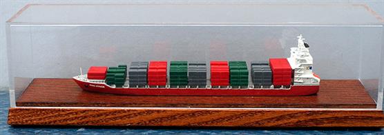King Byron is a second-hand, mint boxed, metal, 1/1250 scale, waterline model of a 1700 container ship by Conrad/Hansa No. 10616. The model is mounted on a wooden base with a plastic dust cover, see photograph