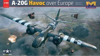 USAF A-20G Havoc over Europe 1944.New Tooling. Boxart poster included, instructions in colour, photo-etch parts. 3 marking options for US Air Force aircraft A-20G-25-DO s/n 43-9224, 670th BS/416th BG, printed by Cartograf: (1) Wethersfield, UK, 20th June 1944; (2) A-55 Melun/Villaroche, France, 5th October 1944; (3) Paris, France, 4th November 1944. Noseweight included. L: 457.0mm, W: 587.7mm, Total parts 554. 1:32 scale plastic model kit from HK Models, requires paint and glue.