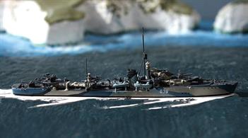 HMS Queenborough is a 1/1250 scale, metal, waterline model of a Q-class destroyer painted in a camouflage pattern for 1942/43 by WDS with the catalogue number WDS K Liz 0095dT.