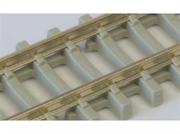 Re-tooled concrete sleeper PECO Streamline N gauge code 80 track featuring improved sleeper detail with a more prototypical sleeper profile, better representation of the Pandrol-style rail clip and even the manufacturers name embossed on the surface.Flexible track with nickel silver rail, length 36 inches, 914mm.