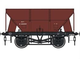 The British Railways 22-24 ton capacity iron ore hoppers were developed from LNER designs and wagons built for private owners in the 1930s. Charles Roberts built 1,000 22 ton wagons in 1949, likely ordered by the Ministry of Transport before nationalisation and allocated BR diagram 1/161. A year later 1,500 were built by Charles Roberts, uprated to 24 tons capacity and allocated diagram 1/162 along with 500 of the 1949 wagons also uprated. They were initially used for iron ore traffic and latterly Limestone, chalk and sand, lasting in service until circa 1980.Model finished in British Railways bauxite livery, 1950s.