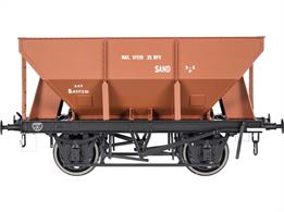 The British Railways 22-24 ton capacity iron ore hoppers were developed from LNER designs and wagons built for private owners in the 1930s. Charles Roberts built 1,000 22 ton wagons in 1949, likely ordered by the Ministry of Transport before nationalisation and allocated BR diagram 1/161. A year later 1,500 were built by Charles Roberts, uprated to 24 tons capacity and allocated diagram 1/162 along with 500 of the 1949 wagons also uprated. They were initially used for iron ore traffic and latterly Limestone, chalk and sand, lasting in service until circa 1980.Model finished in British Railways bauxite livery and lettered for sand traffic with a maximum speed of 35mph. 1960s onwards.