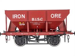 The British Railways 22-24 ton capacity iron ore hoppers were developed from LNER designs and wagons built for private owners in the 1930s. Charles Roberts built 1,000 22 ton wagons in 1949, likely ordered by the Ministry of Transport before nationalisation and allocated BR diagram 1/161. A year later 1,500 were built by Charles Roberts, uprated to 24 tons capacity and allocated diagram 1/162 along with 500 of the 1949 wagons also uprated. They were initially used for iron ore traffic and latterly Limestone, chalk and sand, lasting in service until circa 1980.Model finished in BISC red oxide livery for iron ore service.