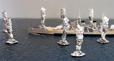 The large caliber shell splashes were designed to go with 1/1250 and 1/1200 scale waterline ships for wargaming when they were sold in packs of four unpainted white metal castings.bThese models have been fettled, painted and been re-packaged so that one pack can represent a ship receiving a full broadside from a typical battleship. Coastlines models catalogue number CL-EX08
