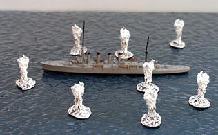 Medium caliber shell splashes were originally designed to accompany 1/1200 scale waterline warship models in a naval war game . They were always available to purchase as white metal castings in packs of 8 models. These models have been fettled and painted by Coastlines Models, CL-EX09.