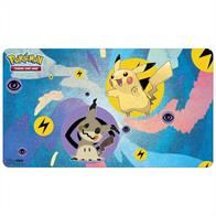 Officially licensed Pokémon Trading Card Game Playmat featuring Pikachu and Mimikyu. Approximately 24 in. x 13.5 in. and lies flat. Soft fabric top helps protect cards during gameplay. Non-slip rubber backing keeps the playmat from shifting during use. Makes an excellent extended or oversize mousepad or desk mat.