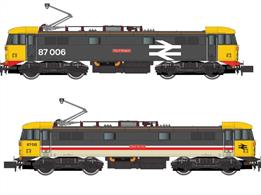 A new and detailed N gauge model of the BR West Coast Mainline Electric Scots of class 87. These locomotives were built for the newly electrified London to Glasgow services in the mid 1970s and ran until replaced by Pendolino trains in the mid-2000s. From 36 locomotives built 1 remains in service in Britain today, with 2 more preserved examples plus 19 working and 2 stored in Bulgaria.This model is powered by Dapols 5-pol Super-Creep motor driving all axles with body tooling designed to replicate many detail changes between build and present day, including the unique thyristor testbed loco 87101. Posable cross-arm or Brecknell-Willis pantographs are fitted and an accessory bag of optional parts is suppliedTwin pack of locomotives 87006 City of Glasgow in large logo general service grey livery and 87012 Coeur de Lion in the initial InterCity red stripe livery. Mid-late 1980s.