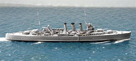 HMAS Canberra is the Australian heavy cruiser in peacetime grey overall.